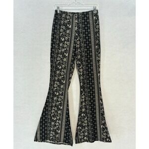 Boho Floral Stripe Flare Pants - Black/Cream